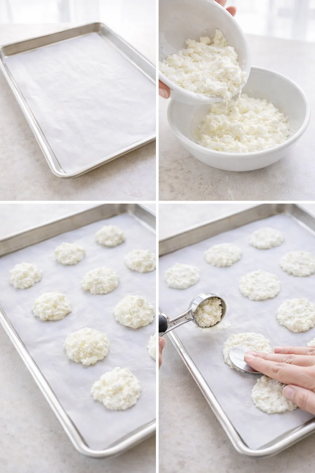 Thick cottage cheese dollops scooped onto parchment, spaced apart and being pressed flat.