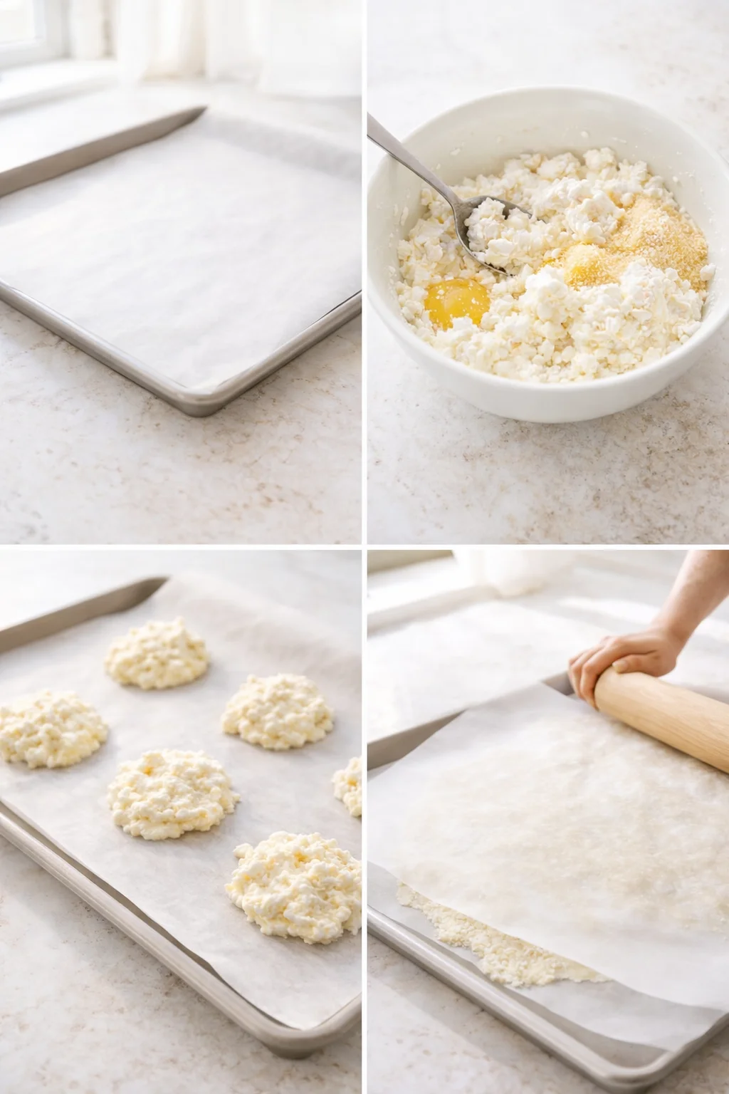 Rolled cottage-cheese dough sheet on parchment being flattened with a rolling pin.