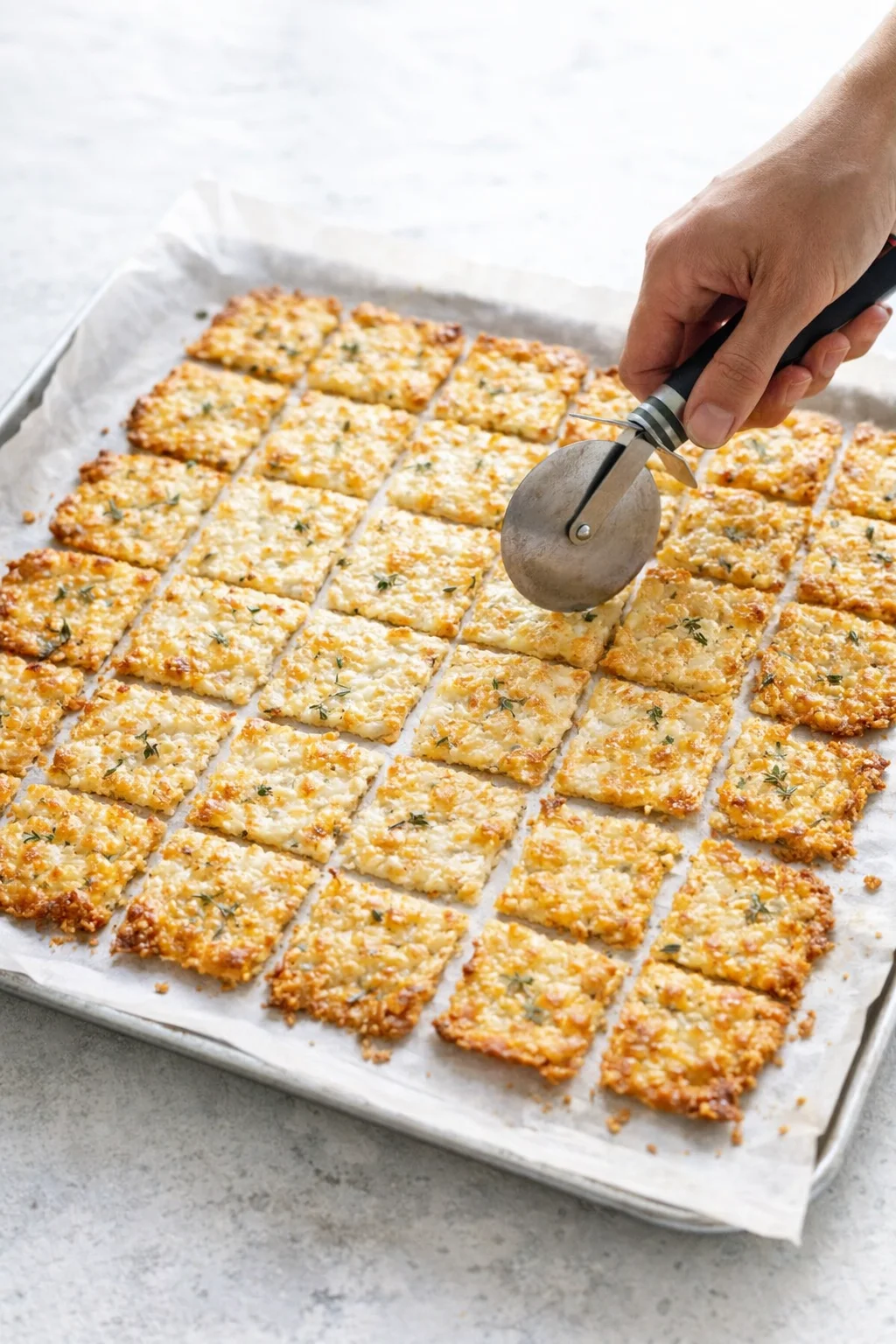 Scored cracker squares on baking sheet with some pieces separated and edges golden.