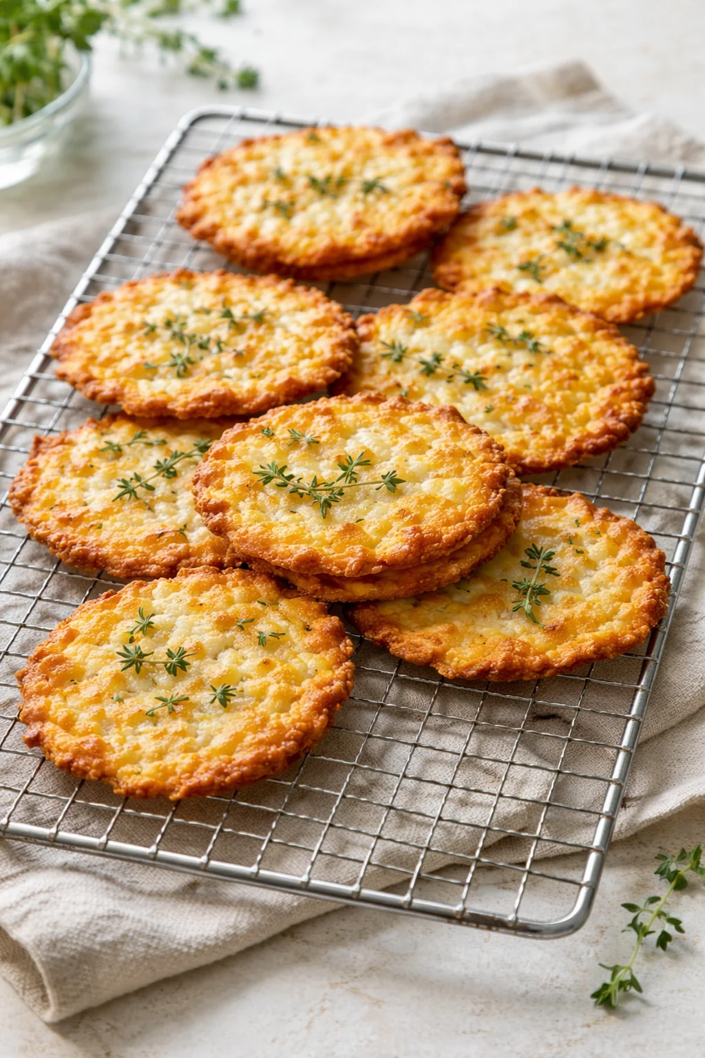 Deeply golden crackers cooling in a single layer on a wire rack.