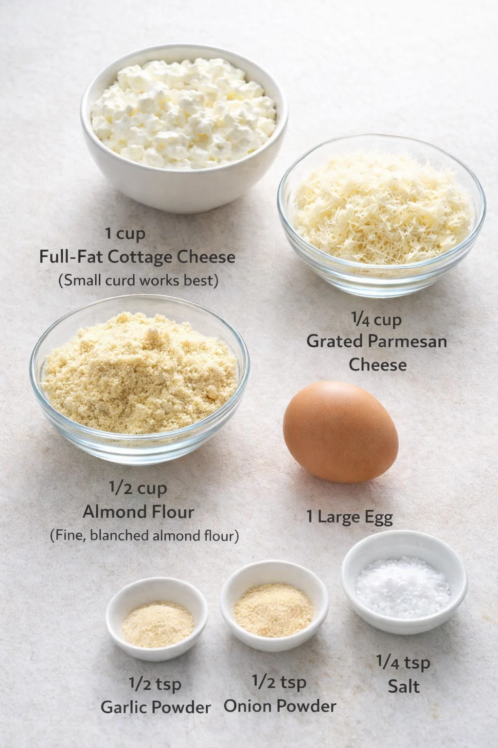 Measured ingredients arranged for Cottage Cheese Crackers: The Crispiest, High-Protein Snack: 1 cup Full-Fat Cottage Cheese (Small curd works best), 1/2 cup Almond Flour (Fine, blanched almond flour), 1/4 cup Grated Parm