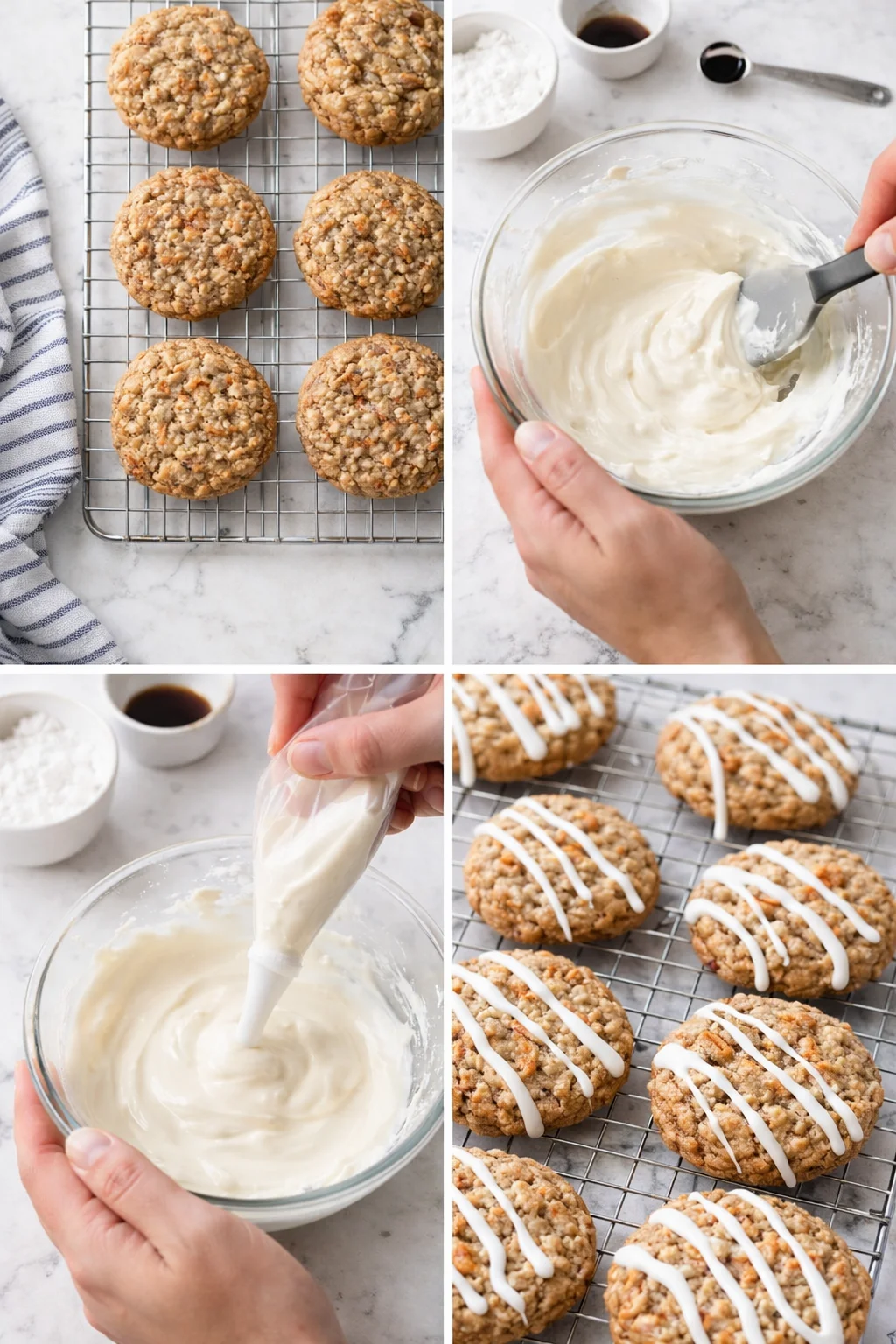 Cooling rack of cookies being drizzled with smooth cream cheese glaze from a spoon
