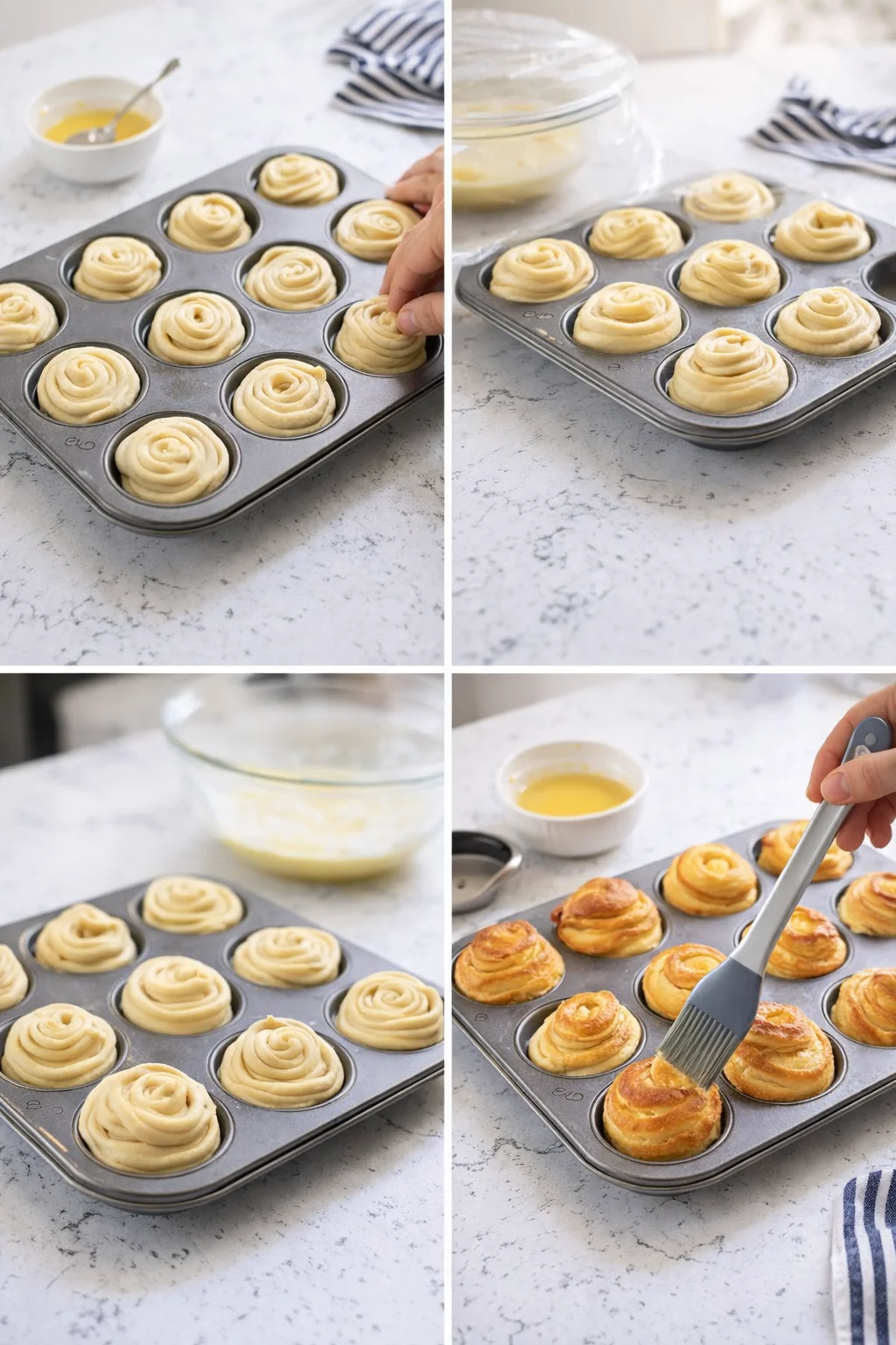 Spiral cut cruffins placed in greased muffin tin, proofing under cover then brushed and baked golden.