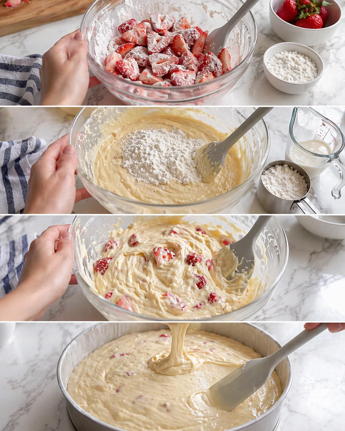 Thick batter with floured strawberry slices being folded and smoothed into a greased 9-inch cake pan.