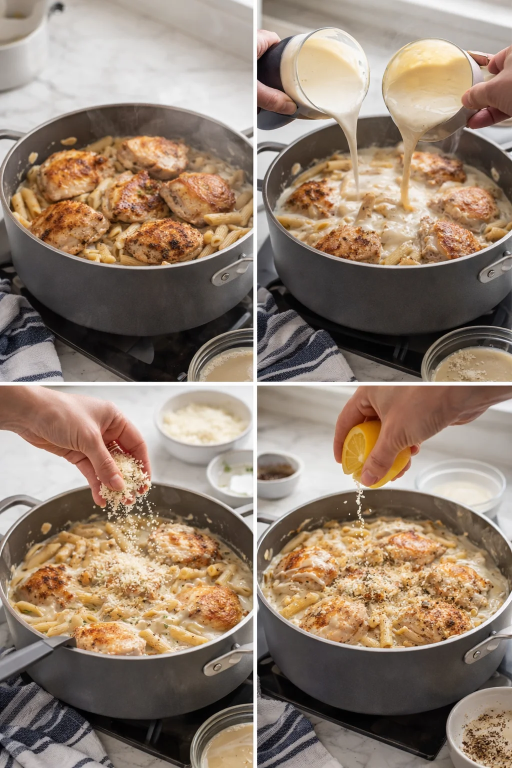 step-process-placeholder-9-12.png Cooked chicken stirred into pasta, heavy cream and Caesar dressing folded in forming glossy Parmesan sauce.