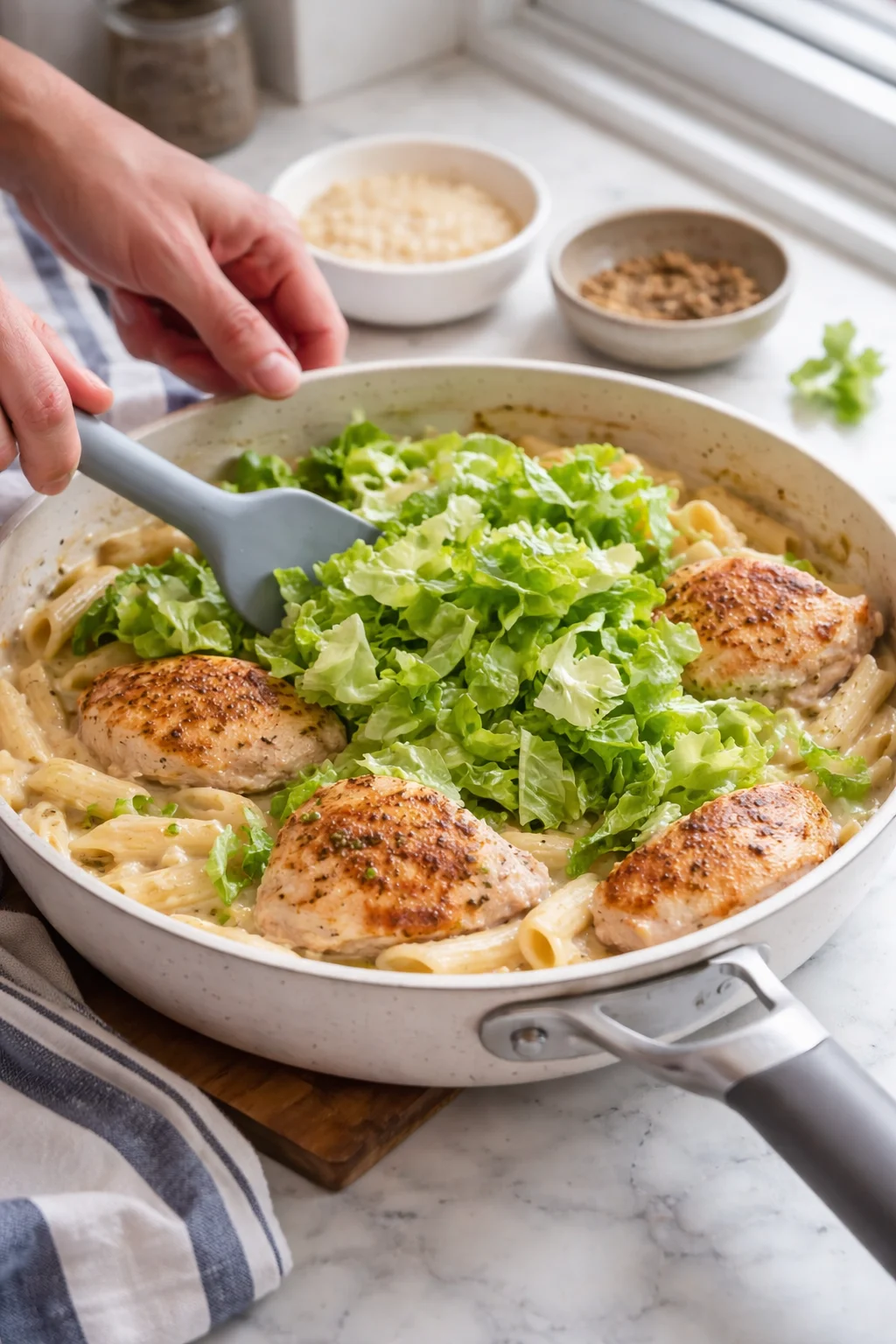 step-process-placeholder-13-13.png Chopped romaine being gently folded into pasta, wilting slightly from residual heat.
