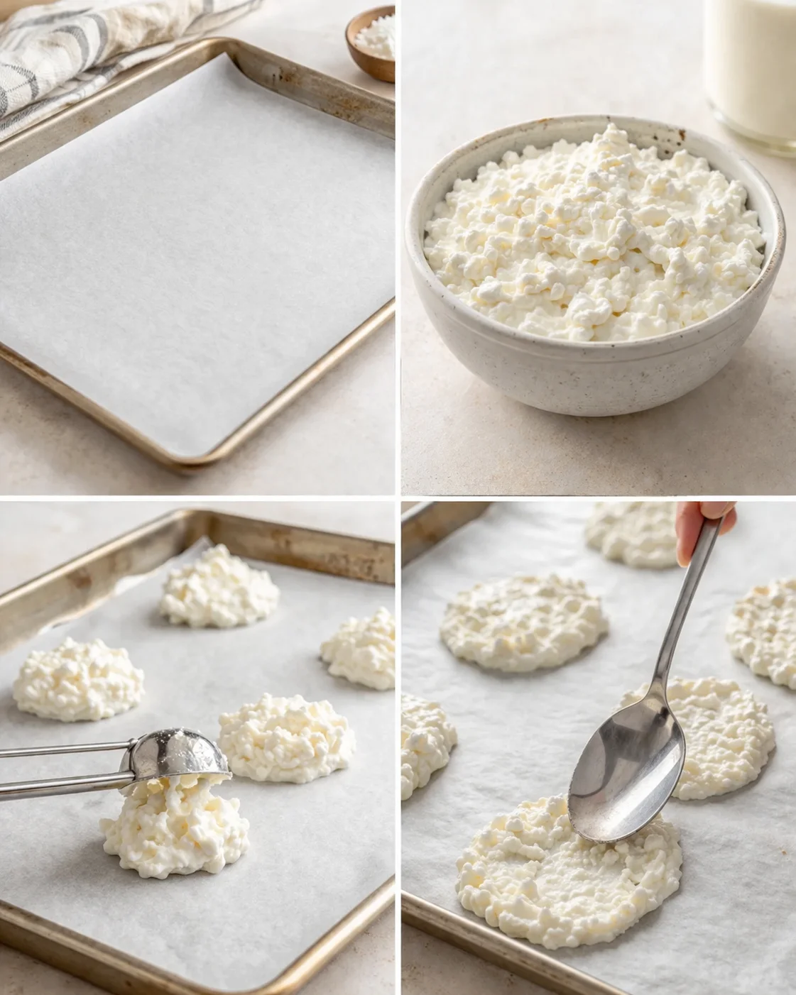 Spoonfuls of cottage cheese dropped on parchment and being pressed flat into thin discs