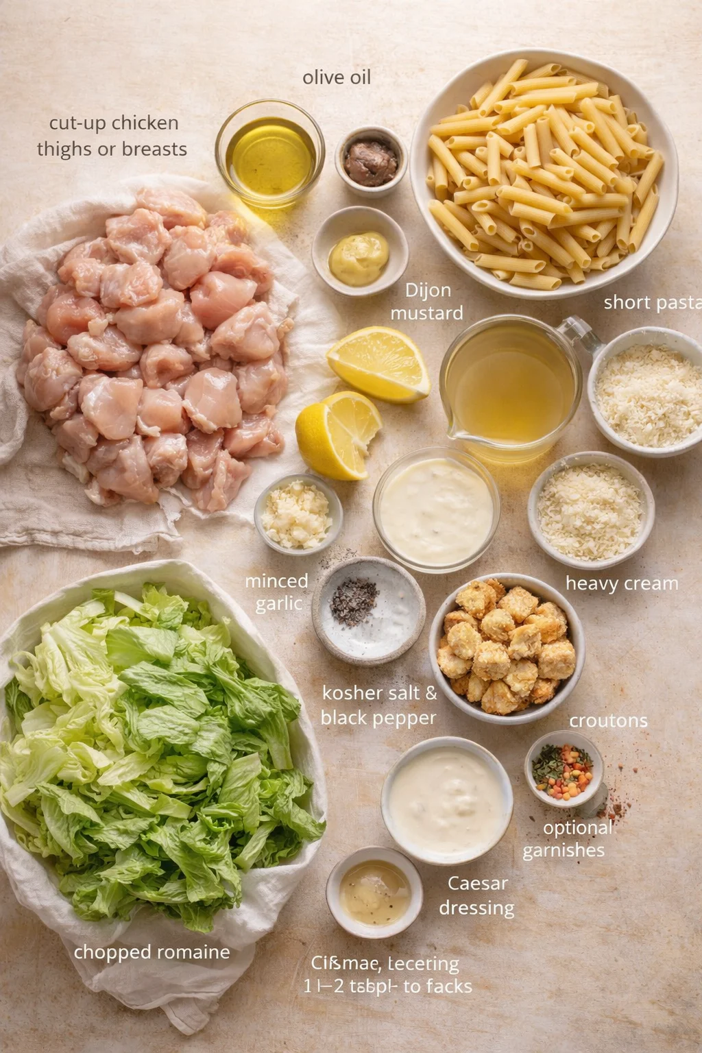 ingredients-placeholder.png Measured ingredients arranged for One Pot Chicken Caesar Pasta Recipe: 1 lb (450 g) boneless, skinless chicken thighs (or breasts), cut into bite-sized pieces. Thighs stay juicy during simmering, but breasts work if hand