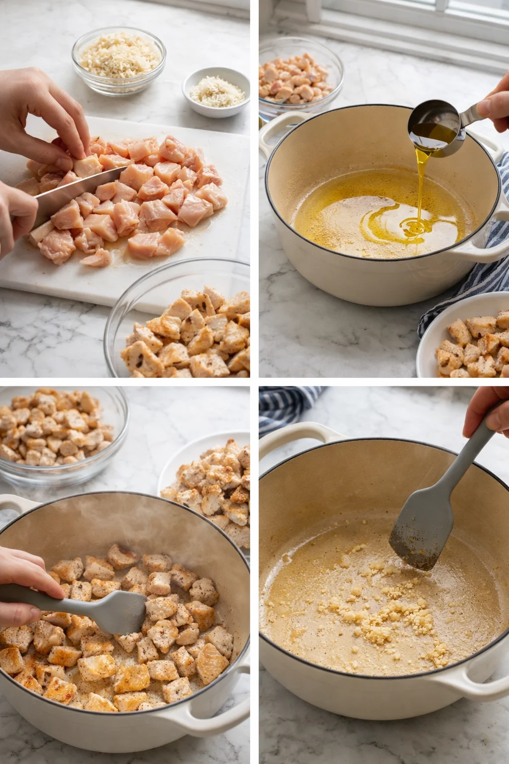 step-process-placeholder-1-4.png Cut chicken, minced garlic, grated Parmesan on board; skillet with browning chicken and shimmering oil.