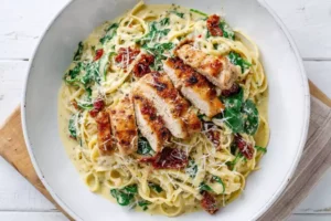 Bowl of creamy chicken pesto pasta with spinach and Parmesan
