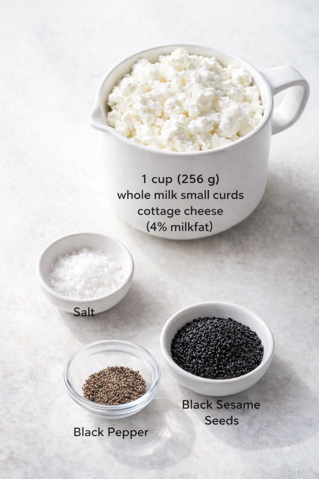 Measured ingredients arranged for 1 Ingredient Cottage Cheese Chips: 1 cup (256 g) whole milk small curds cottage cheese (4% milkfat) (see note before starting)