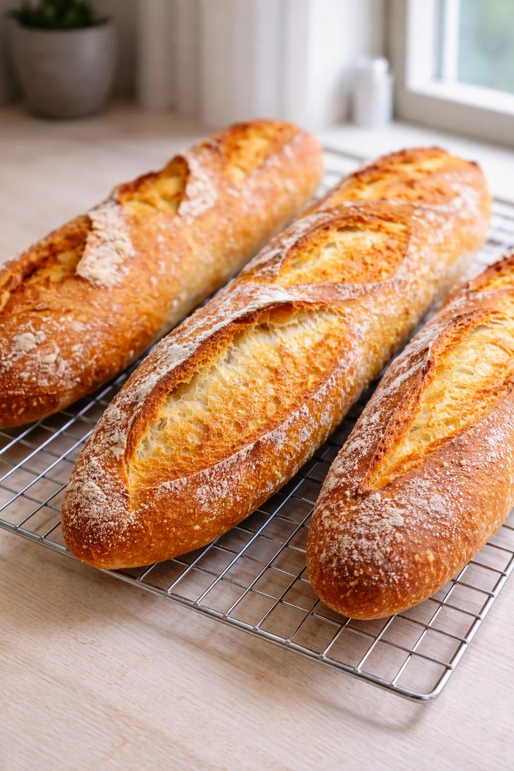 Three golden-brown baguettes cooling on a wire rack near a bright kitchen window