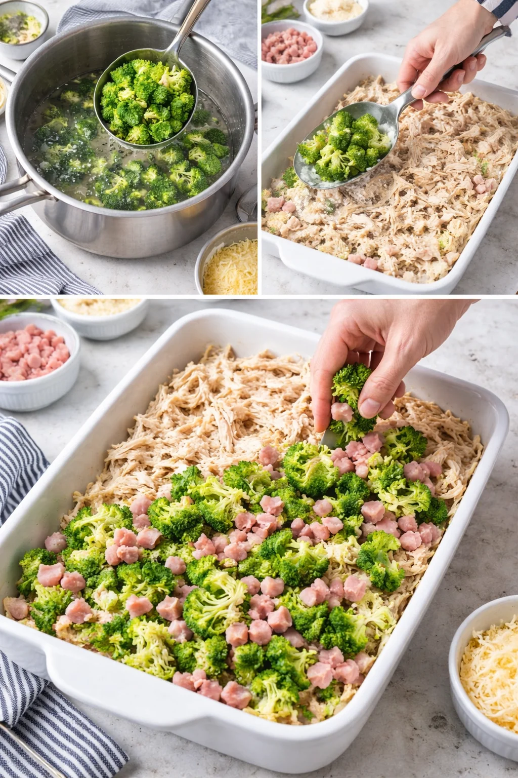 Three-panel collage showing broccoli being added to shredded chicken in a white casserole dish.