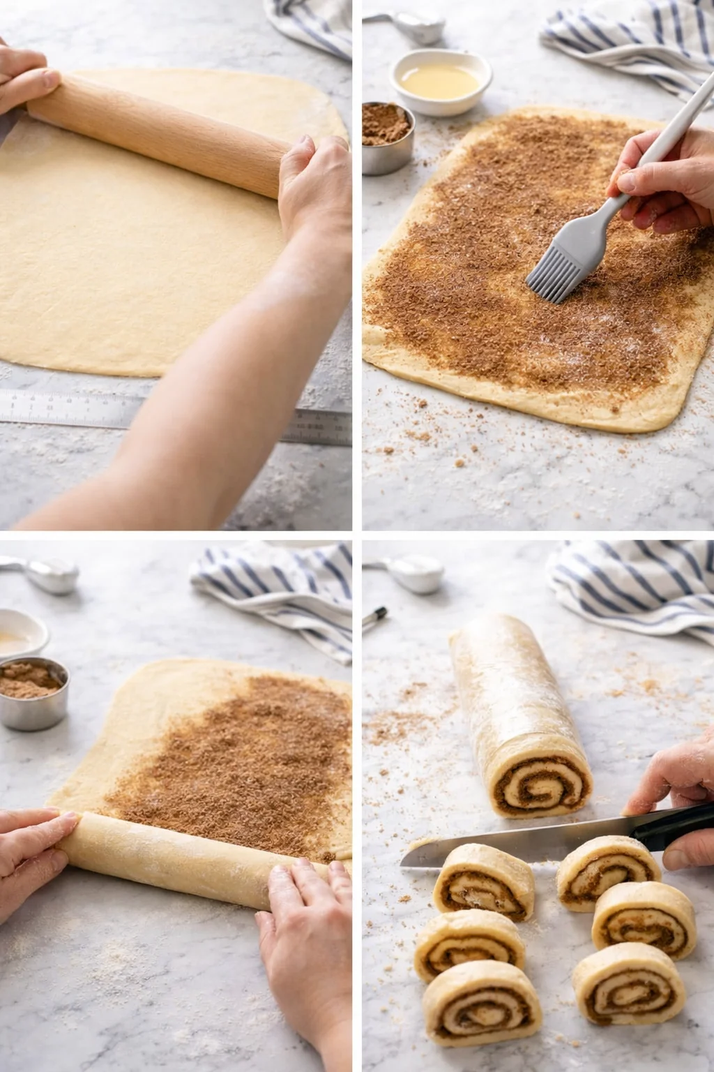 Rolled thin rectangle brushed with butter and sugar, tightly rolled into log, chilled then sliced into eight.