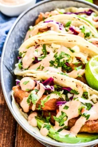 Close up shot of Baja Fish Tacos