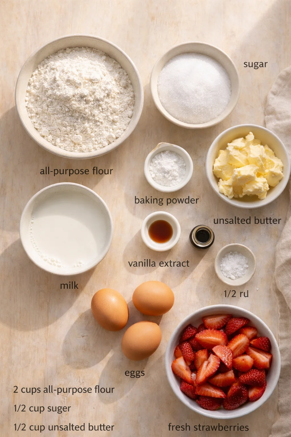 overhead view of baking ingredients with labeled bowls and fresh strawberries