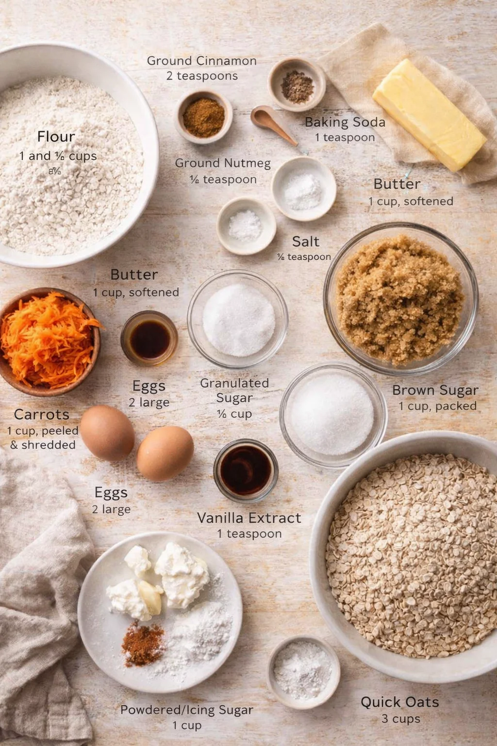 Overhead view of labeled baking ingredients arranged on a light wooden surface.