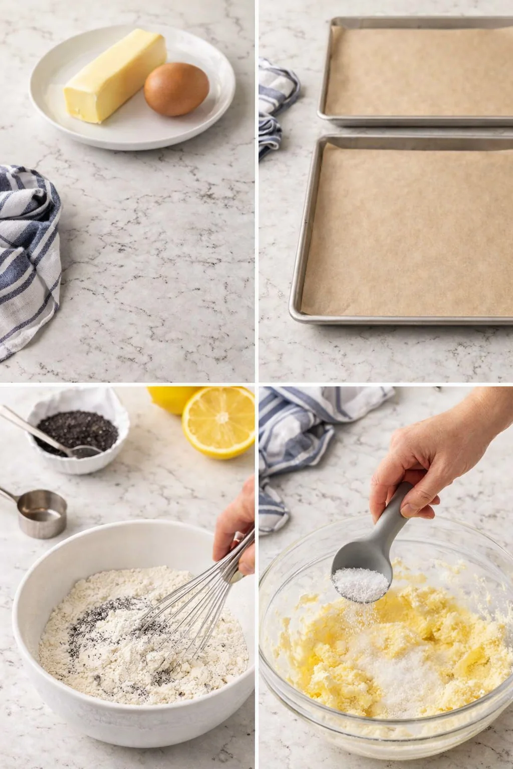 collage of baking prep: butter and egg on a plate, parchment-lined pans, flour whisking, and creamed butter-sugar.