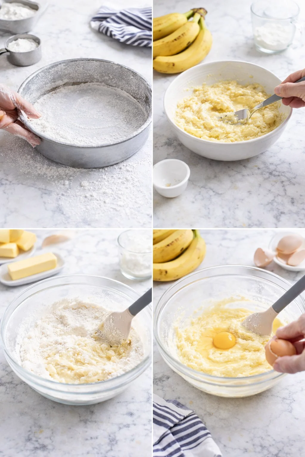 Collage of four baking steps: flour-dusted pan, mashed banana batter, mixing bowl with batter, cracking egg.