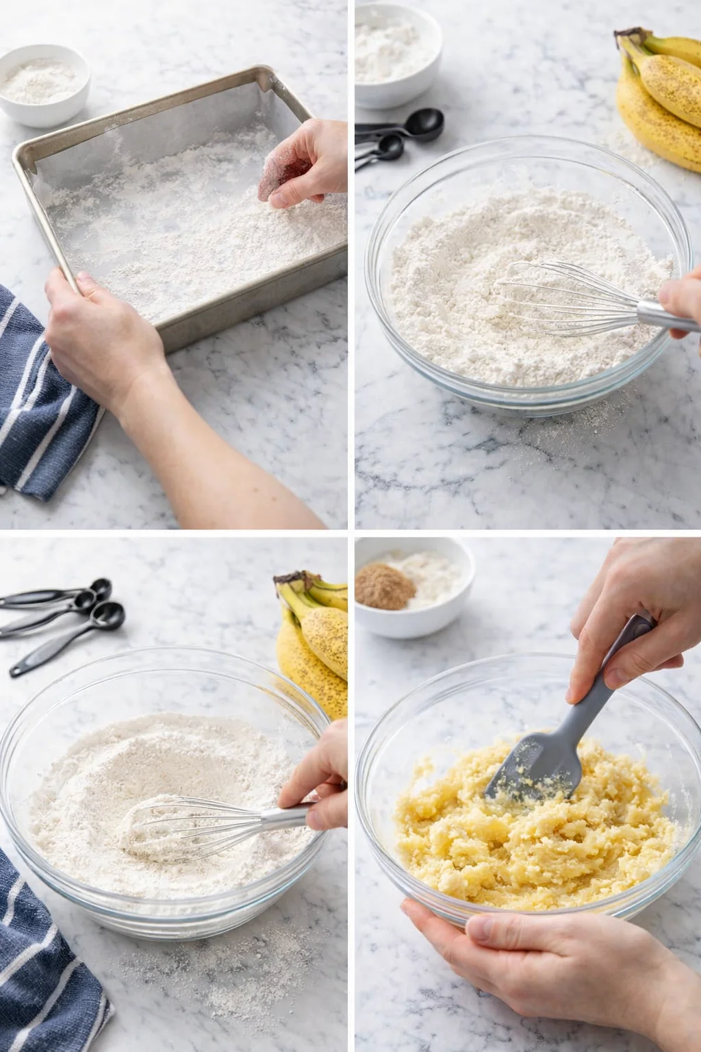 Collage of four baking steps: dusting pan, whisking dry ingredients, and mixing batter.