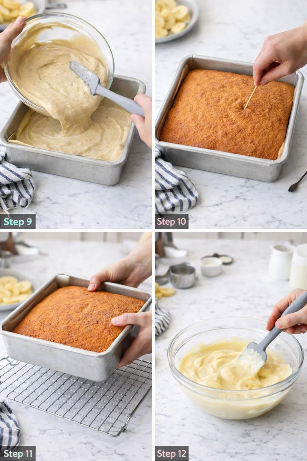 Step-by-step collage of batter pouring, loaf baking, cooling, and icing preparation.
