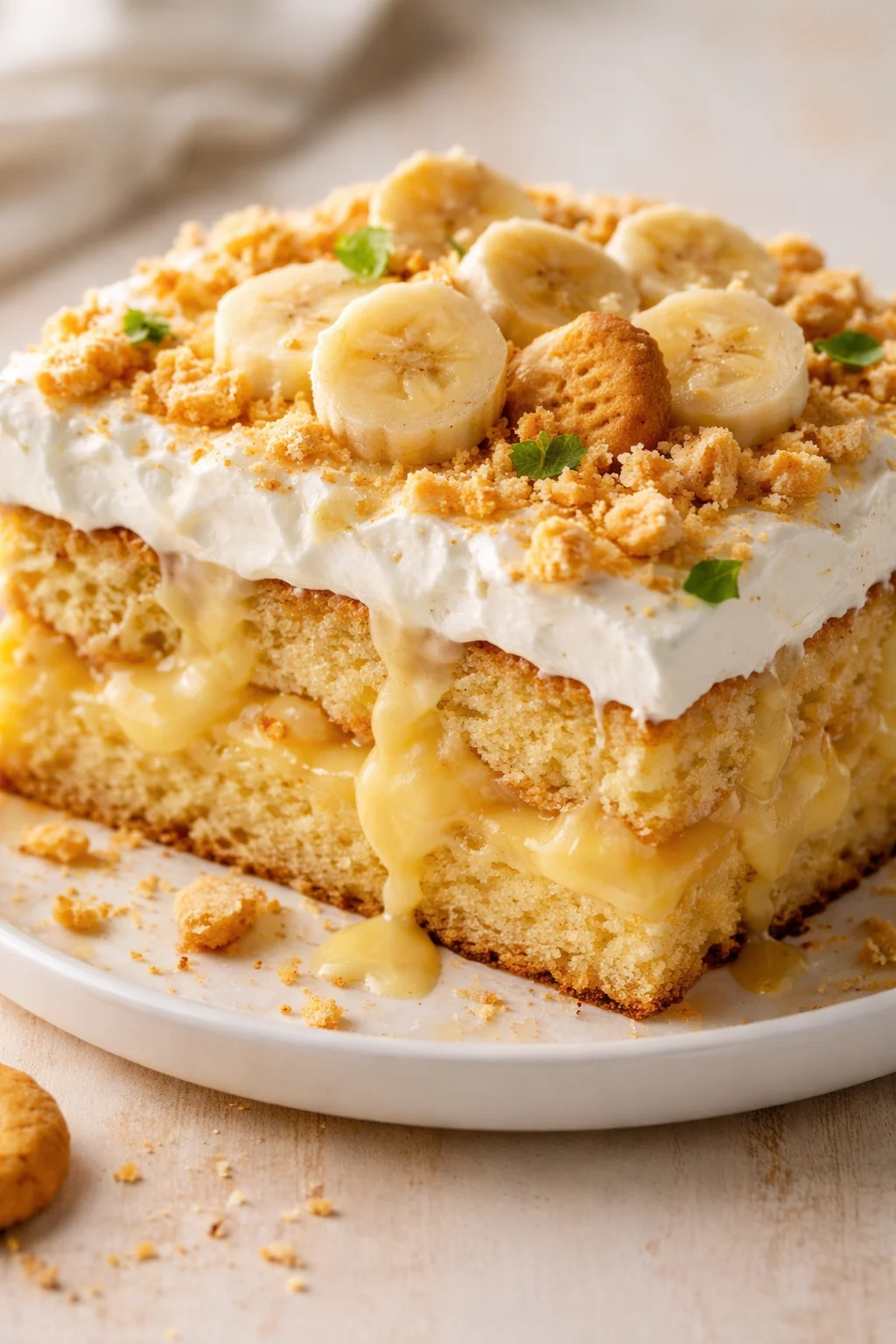 A tall banana cake with white frosting, banana slices on top, and crumb topping on a white plate