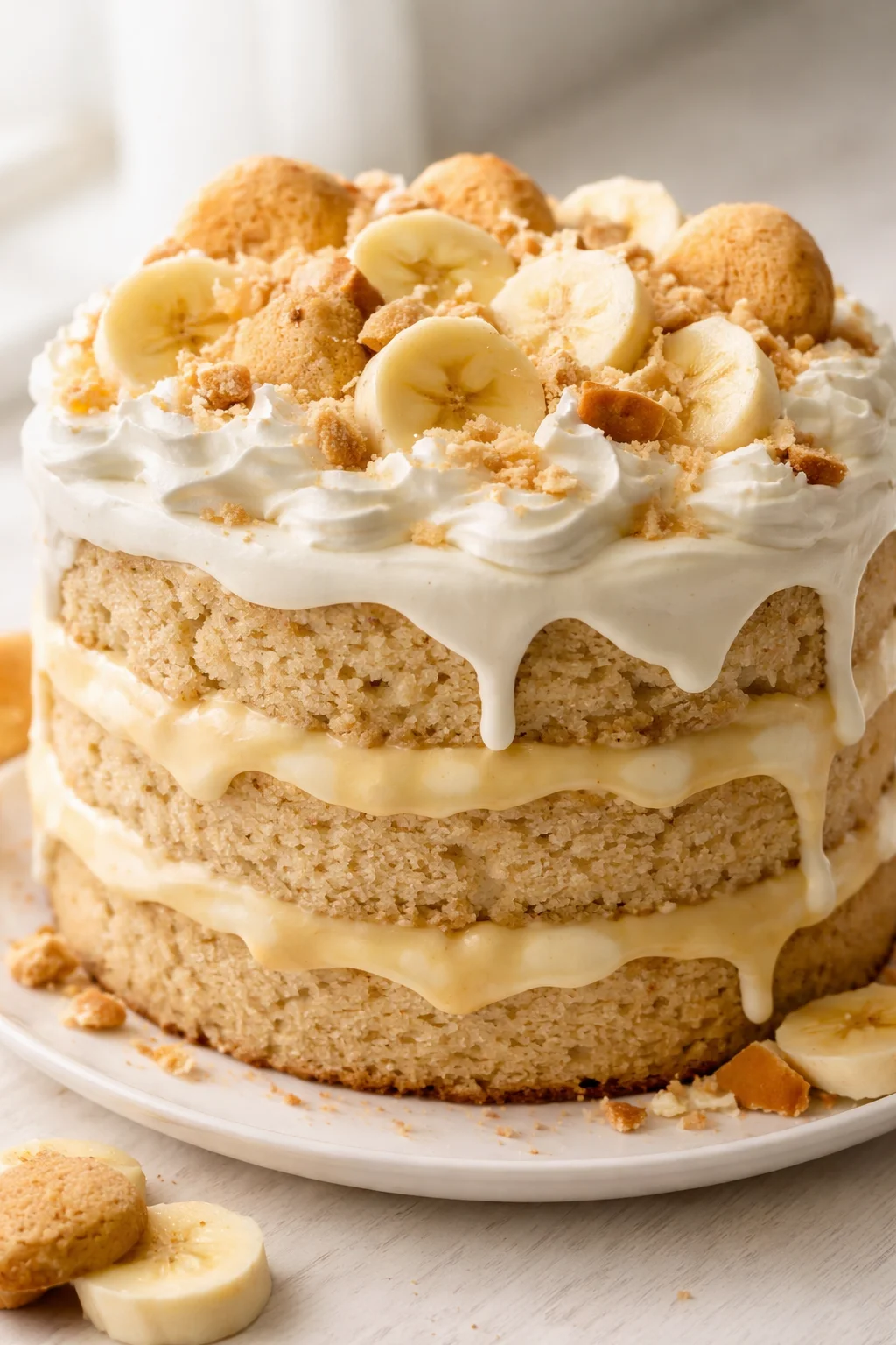 Tall three-layer banana cake with white frosting, banana slices, and crumb topping on a white plate.