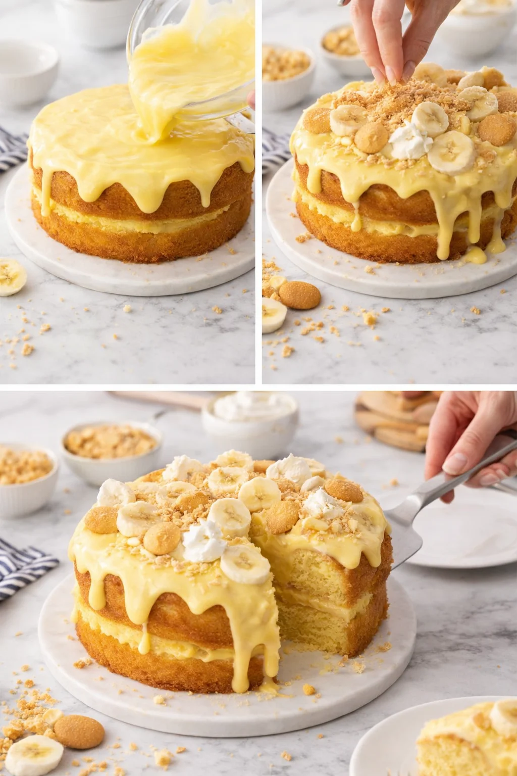 Three-panel collage of a banana-layer cake being iced with lemon glaze and toppings.
