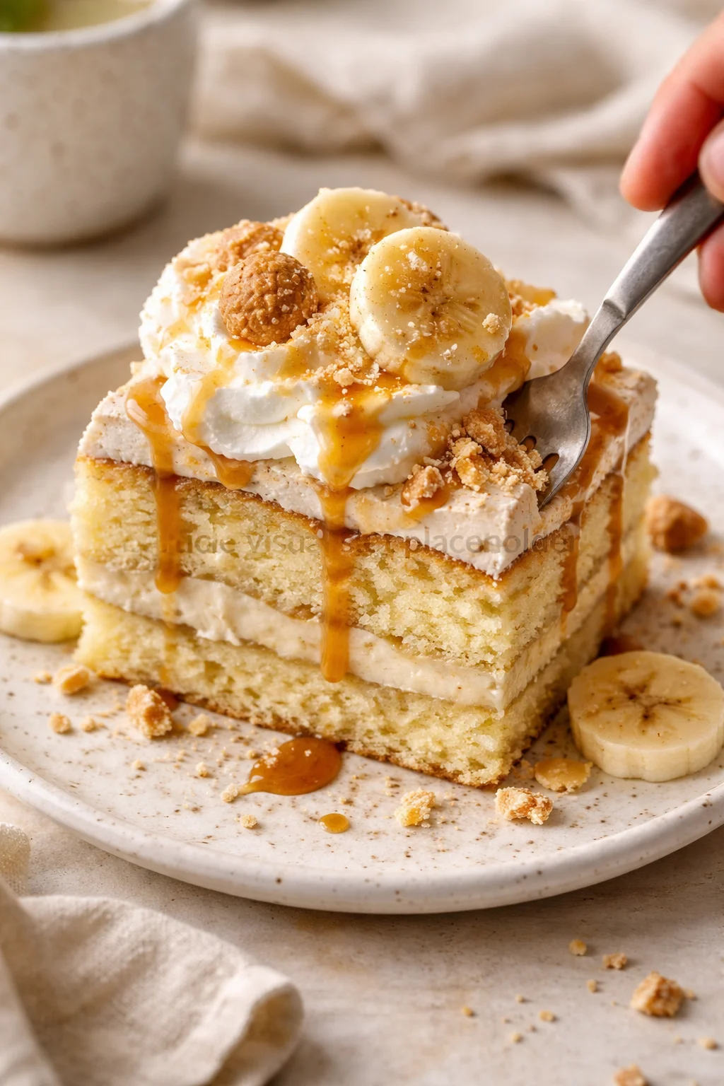 Two-layer banana cake with cream frosting, caramel drizzle, and banana slices on a speckled plate.