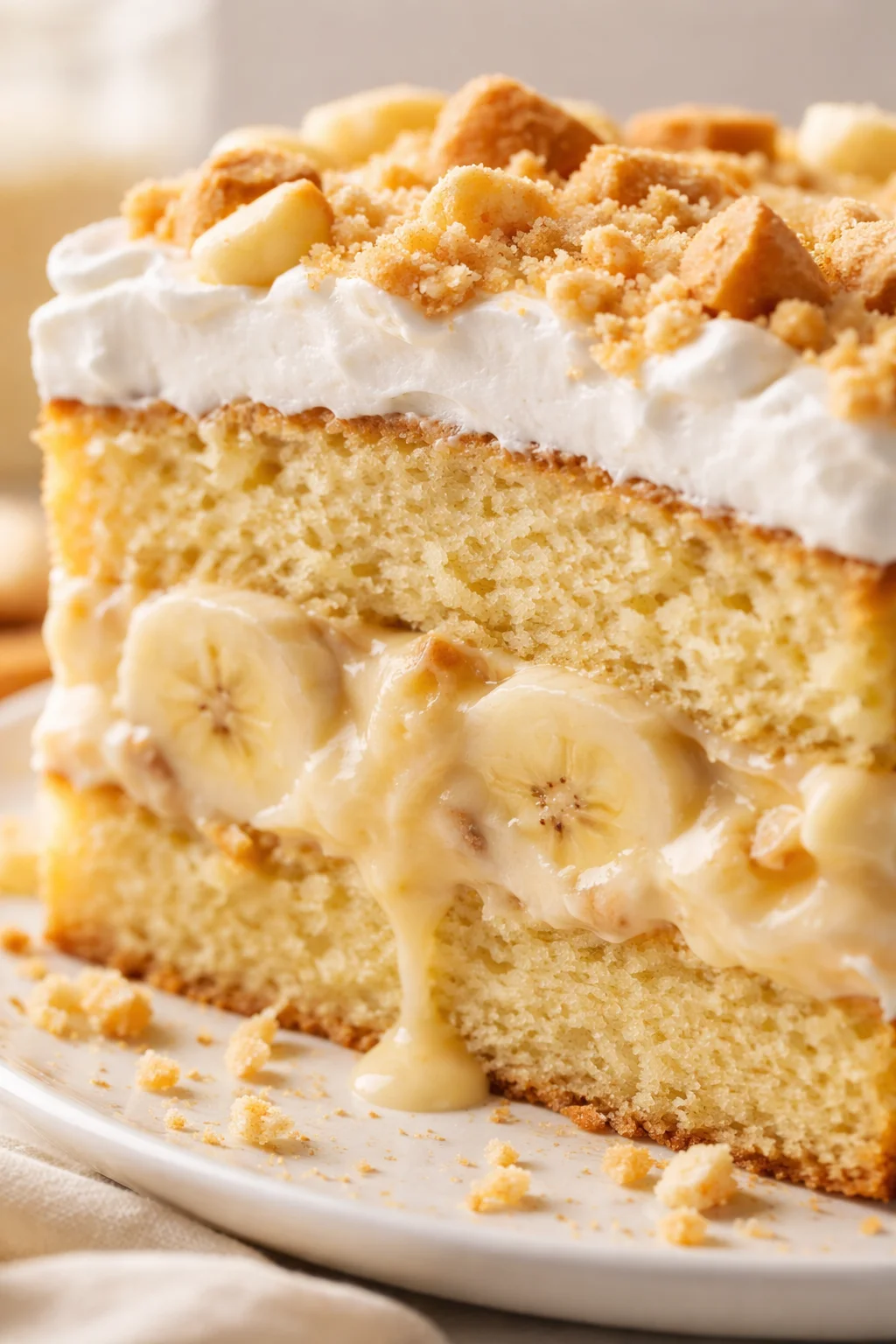 slice of banana cream cake with whipped frosting and crumb topping on a white plate