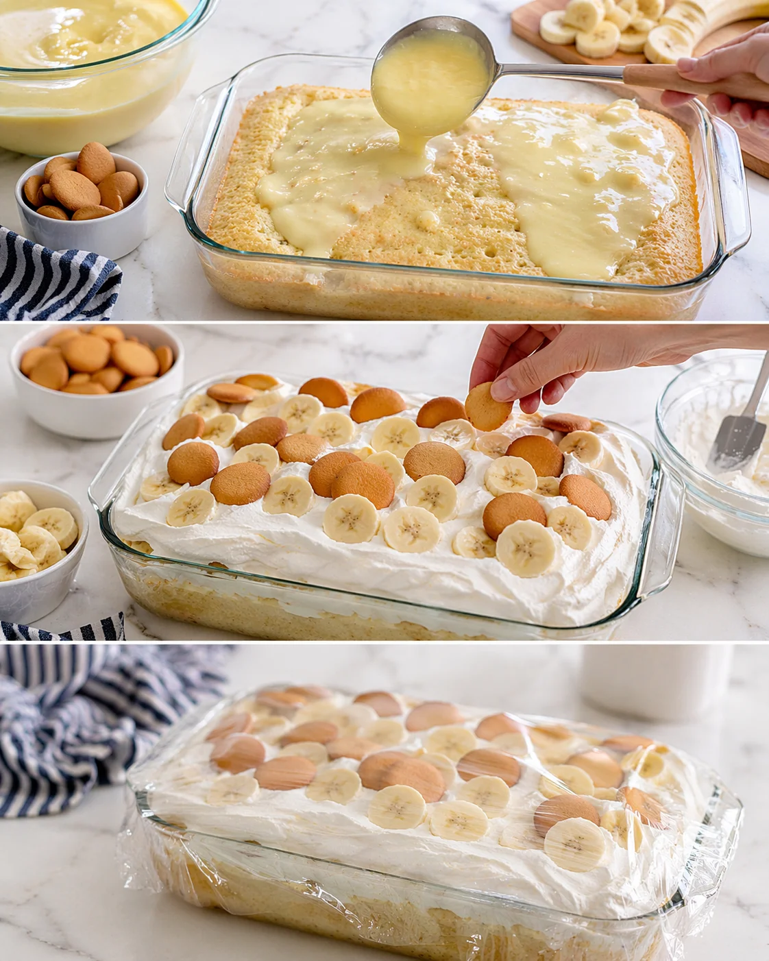 Triptych showing banana cake being assembled with whipped cream, banana slices, and cookies in a glass dish.