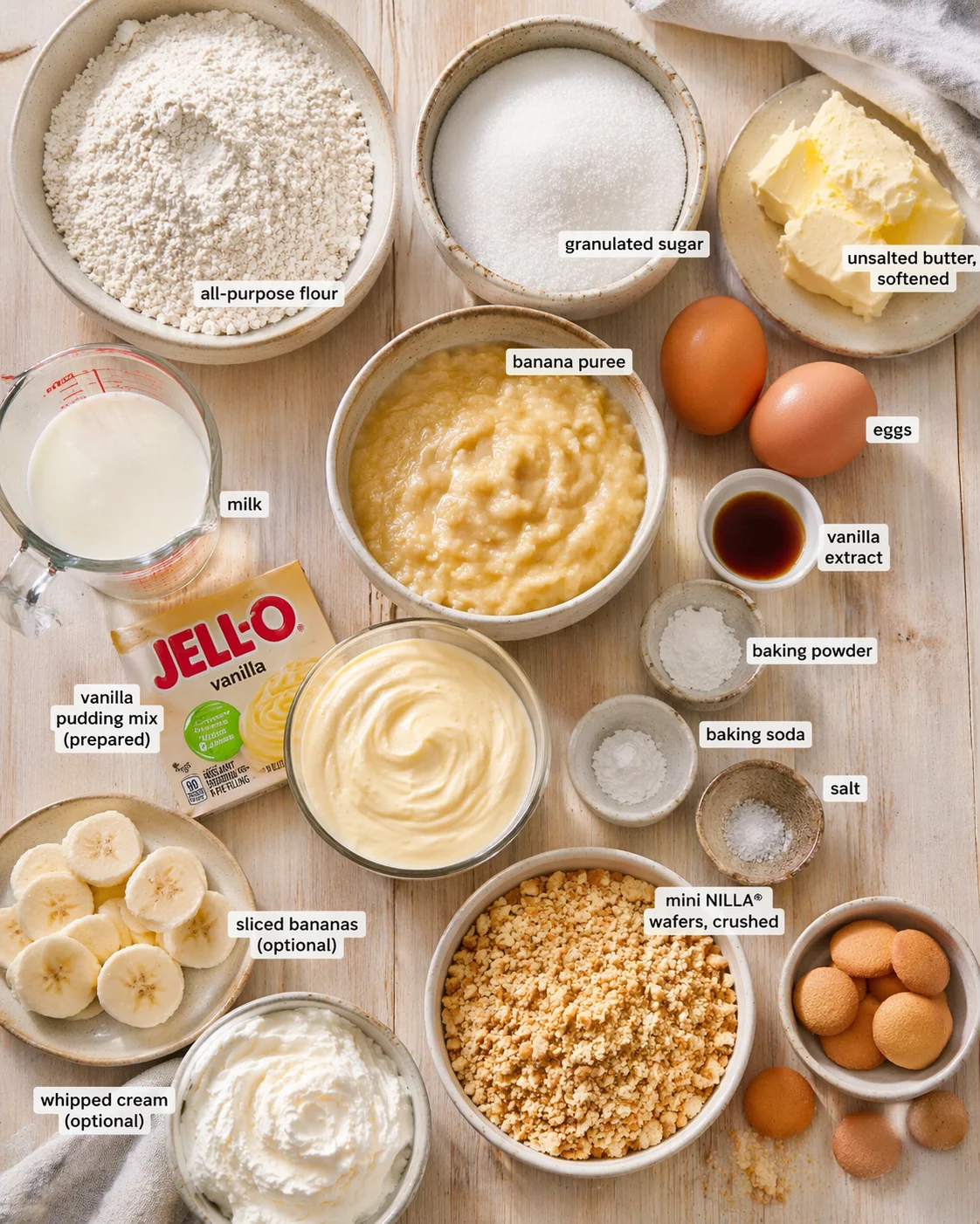 Overhead view of banana pudding ingredients arranged with labels on a wooden surface