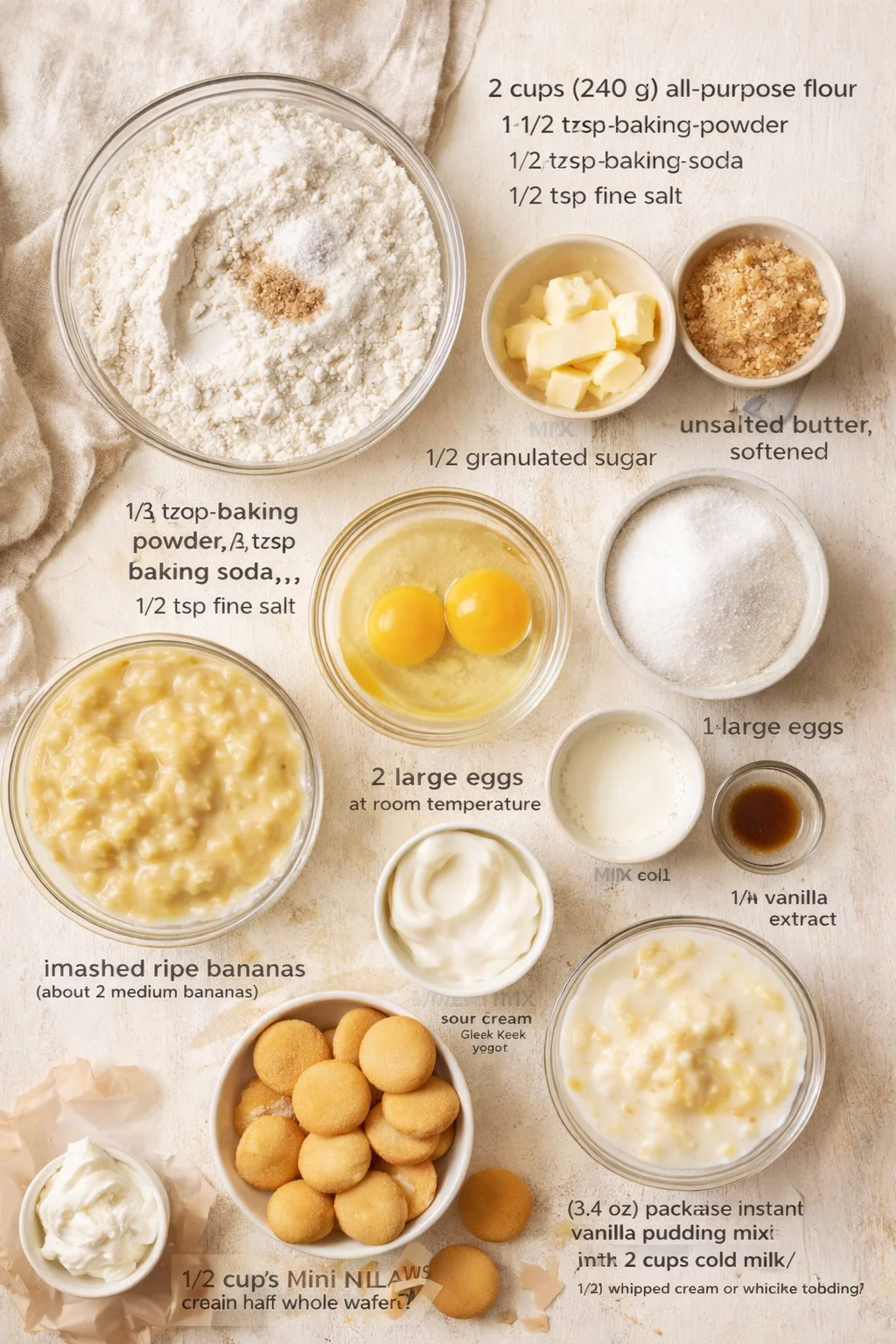 Top-down view of banana pudding ingredients arranged with labeled text overlays.