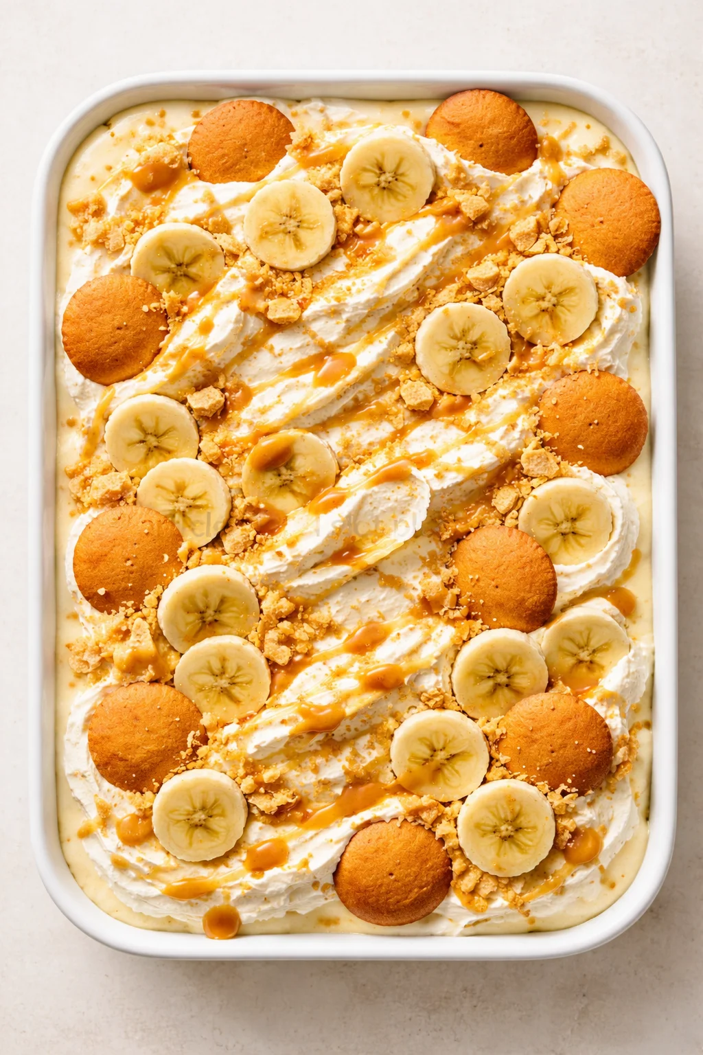 White baking dish filled with banana pudding, whipped cream, banana slices, cookies, and caramel drizzle.