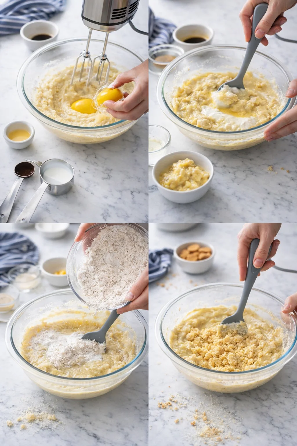 Collage showing batter being mixed, eggs added, and crumb topping added