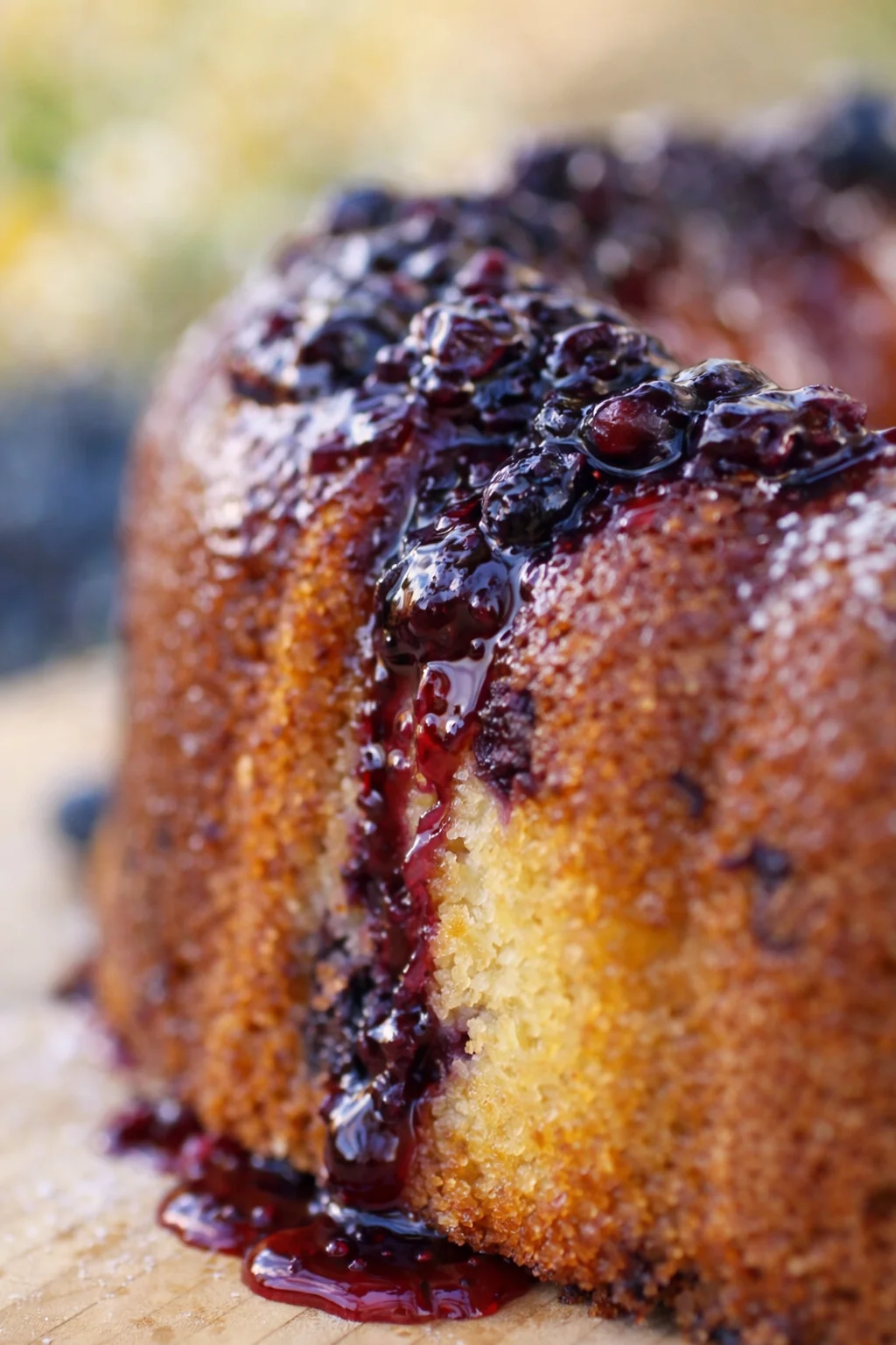 close-up of a golden pound cake with berry glaze oozing down the sides