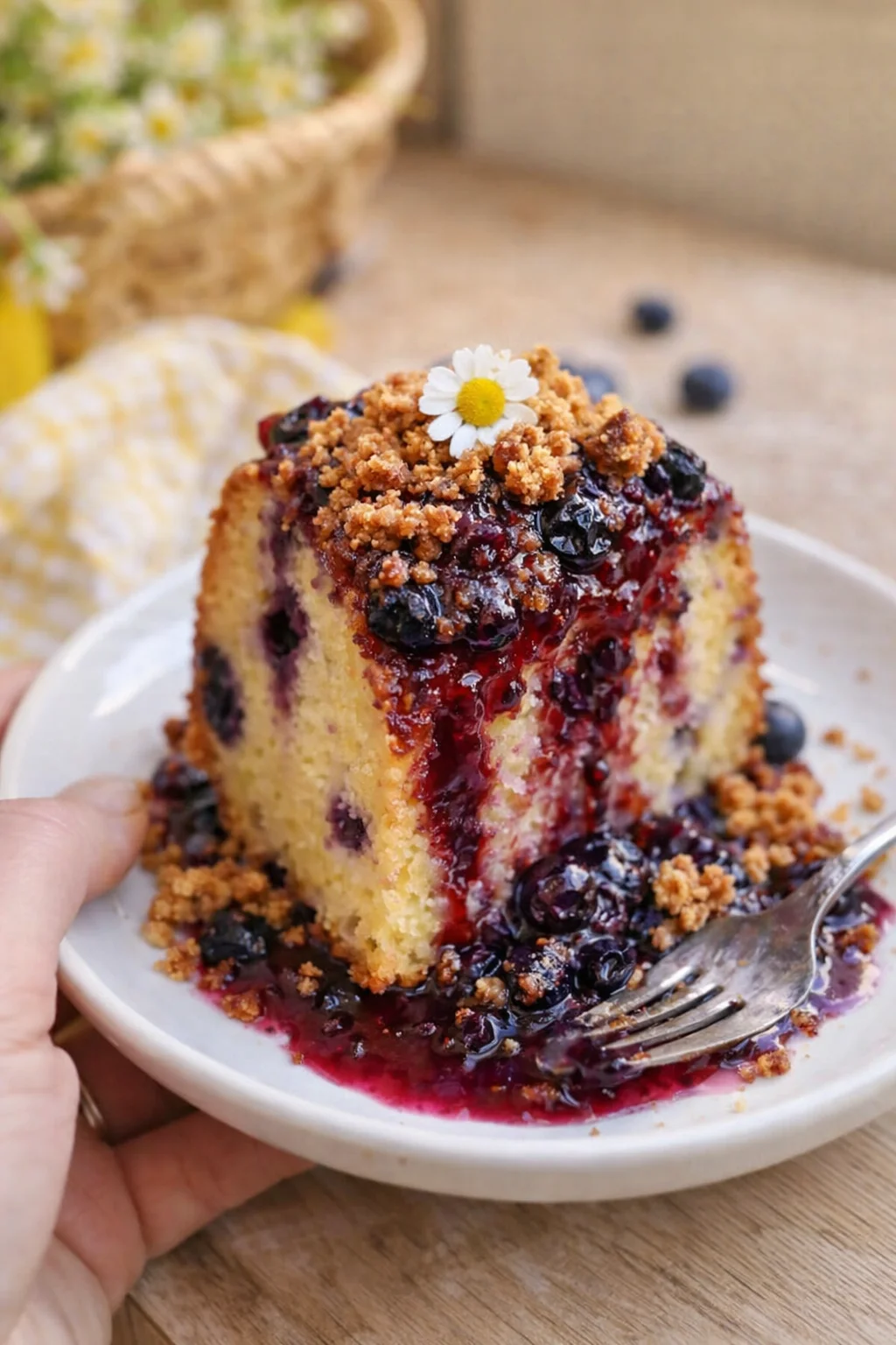 Slice of blueberry cake with crumble topping on a white plate, blueberry sauce pooling, daisy garnish.
