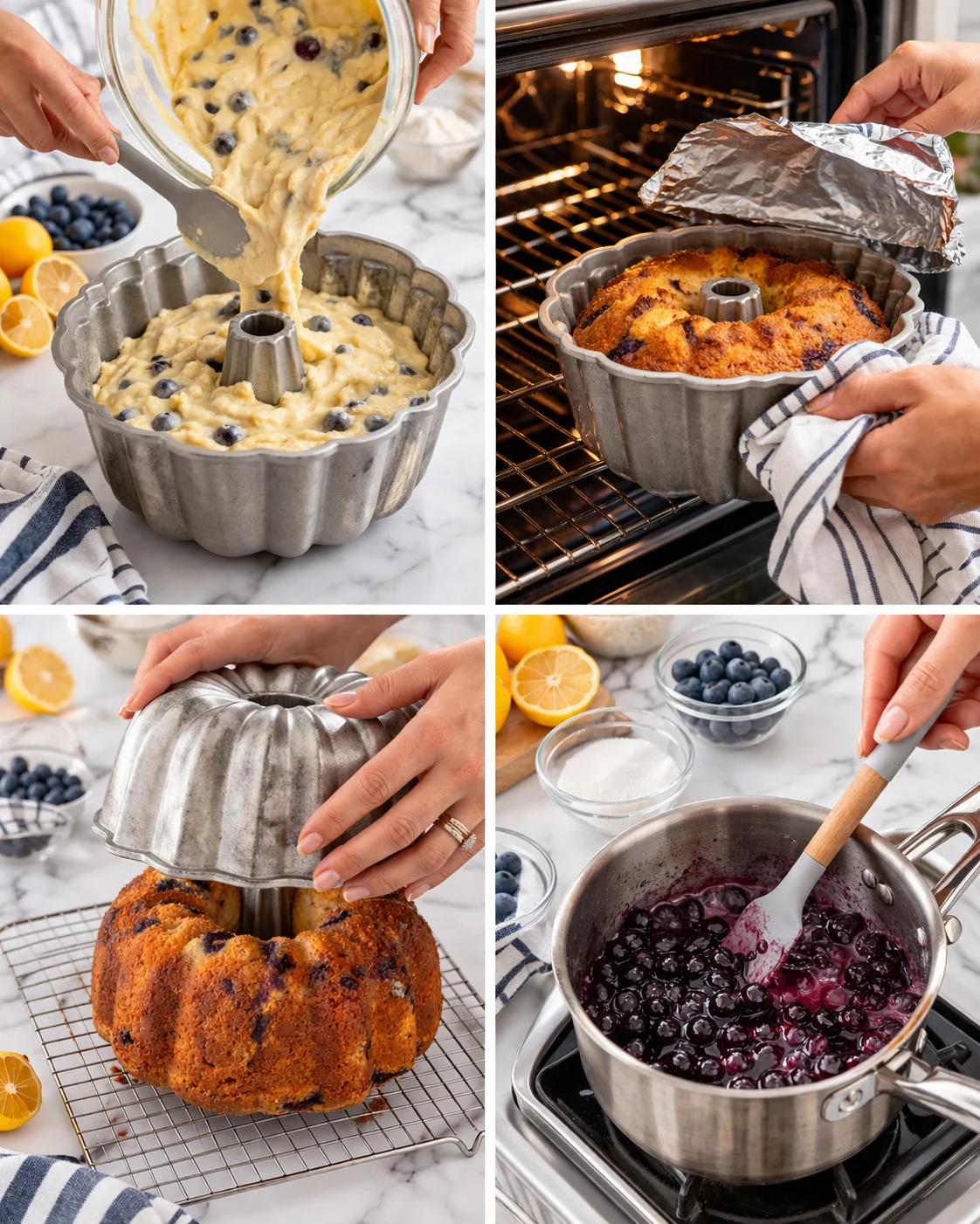 Collage of blueberry-lemon bundt cake steps: batter poured, baked, released, sauce prepared.
