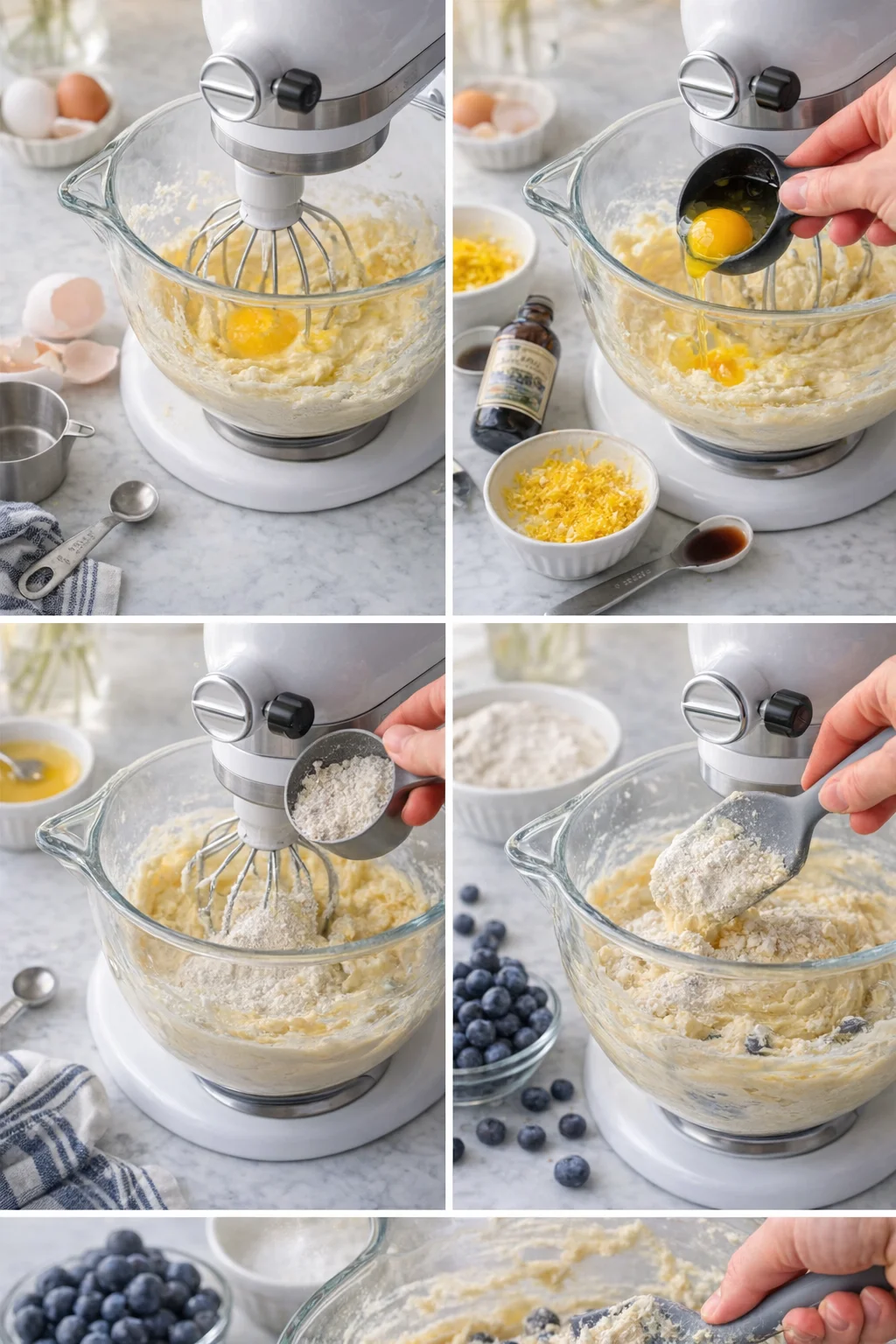 six-image collage showing a stand mixer mixing batter with eggs, lemon zest, and blueberries