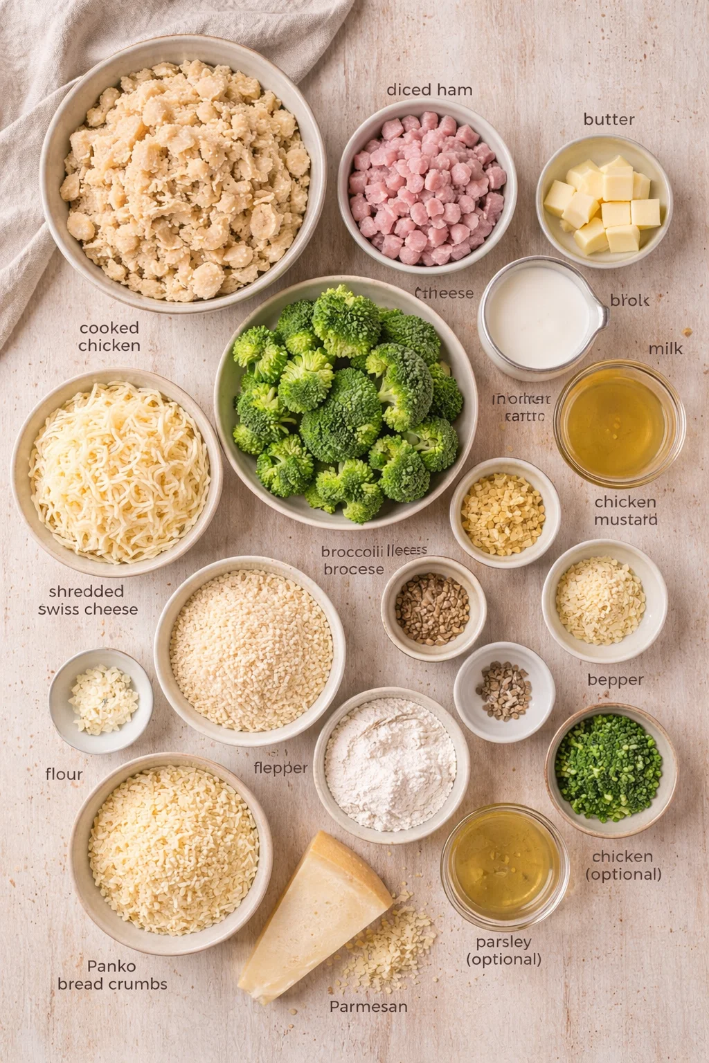 Top-down view of bowls with broccoli, ham, cheese, butter, milk, and other ingredients arranged on a wooden surface.