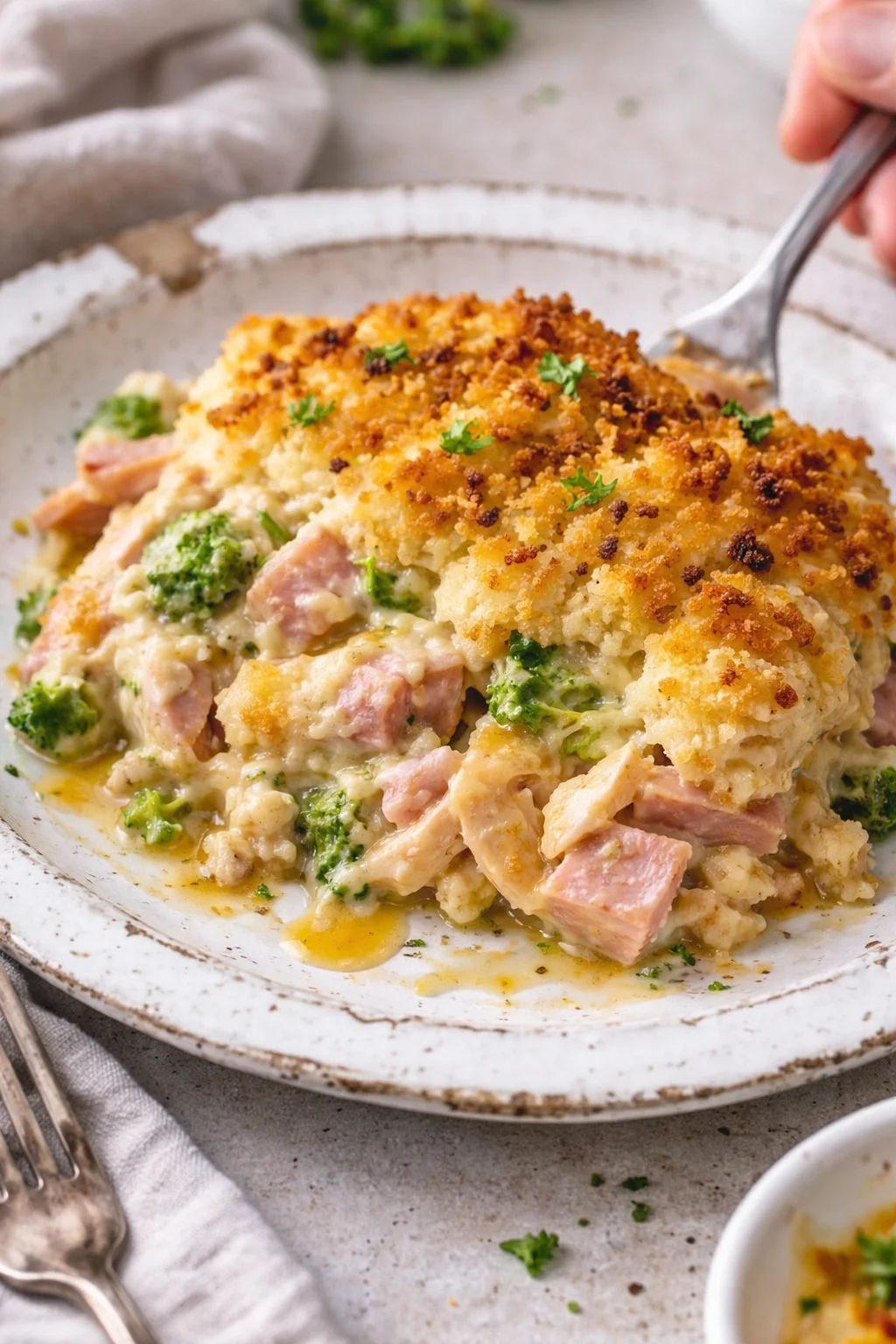 golden-brown breadcrumb crust over creamy broccoli and ham casserole on rustic plate