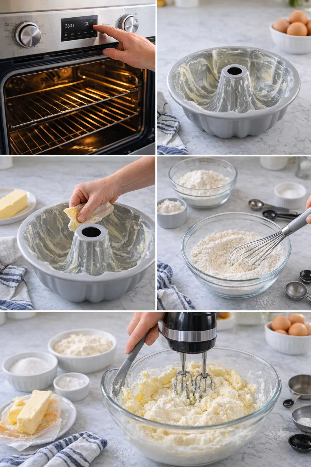 Collage of bundt cake prep steps: preheating oven, greased pan, butter and flour, mixing batter with mixer