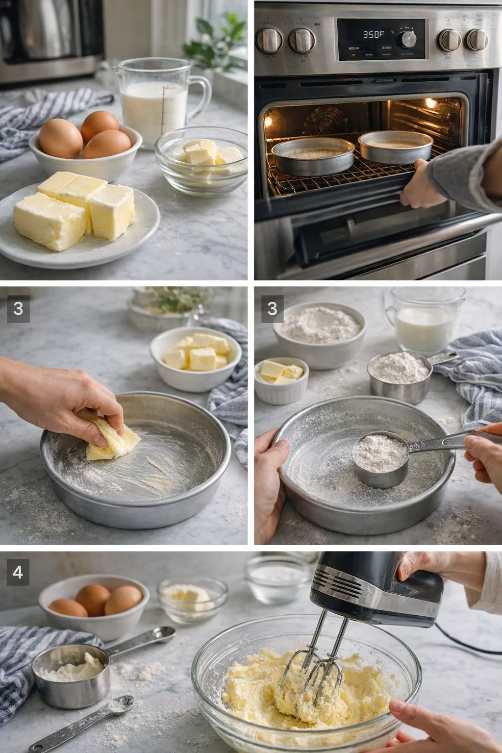 Collage showing ingredients, butter cutting, oven with pans, and batter mixing for a butter-based cake
