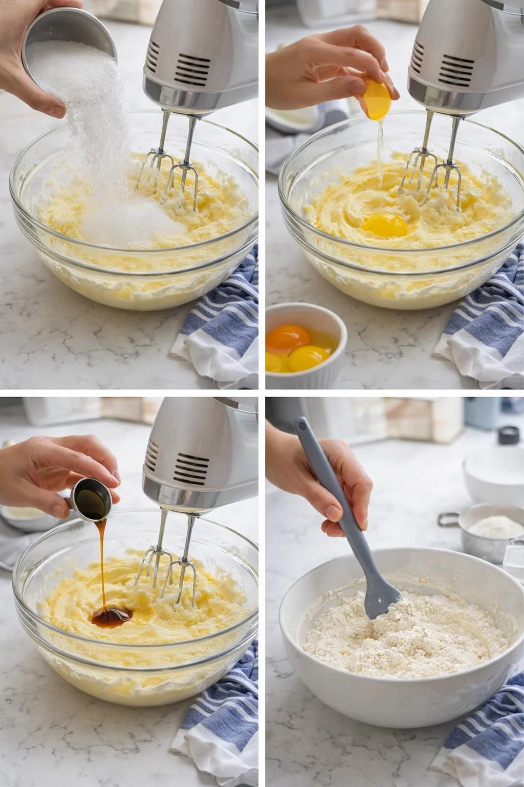 collage showing sugar pouring, eggs cracking into batter, syrup being added, and flour ready for mixing