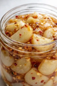 Final plated Pickled Garlic Recipe served as a hero shot