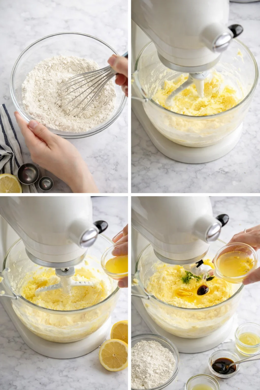 four-panel collage showing cake-batter prep: whisking dry ingredients, creaming butter, adding eggs, and pouring liquids on a marble countertop