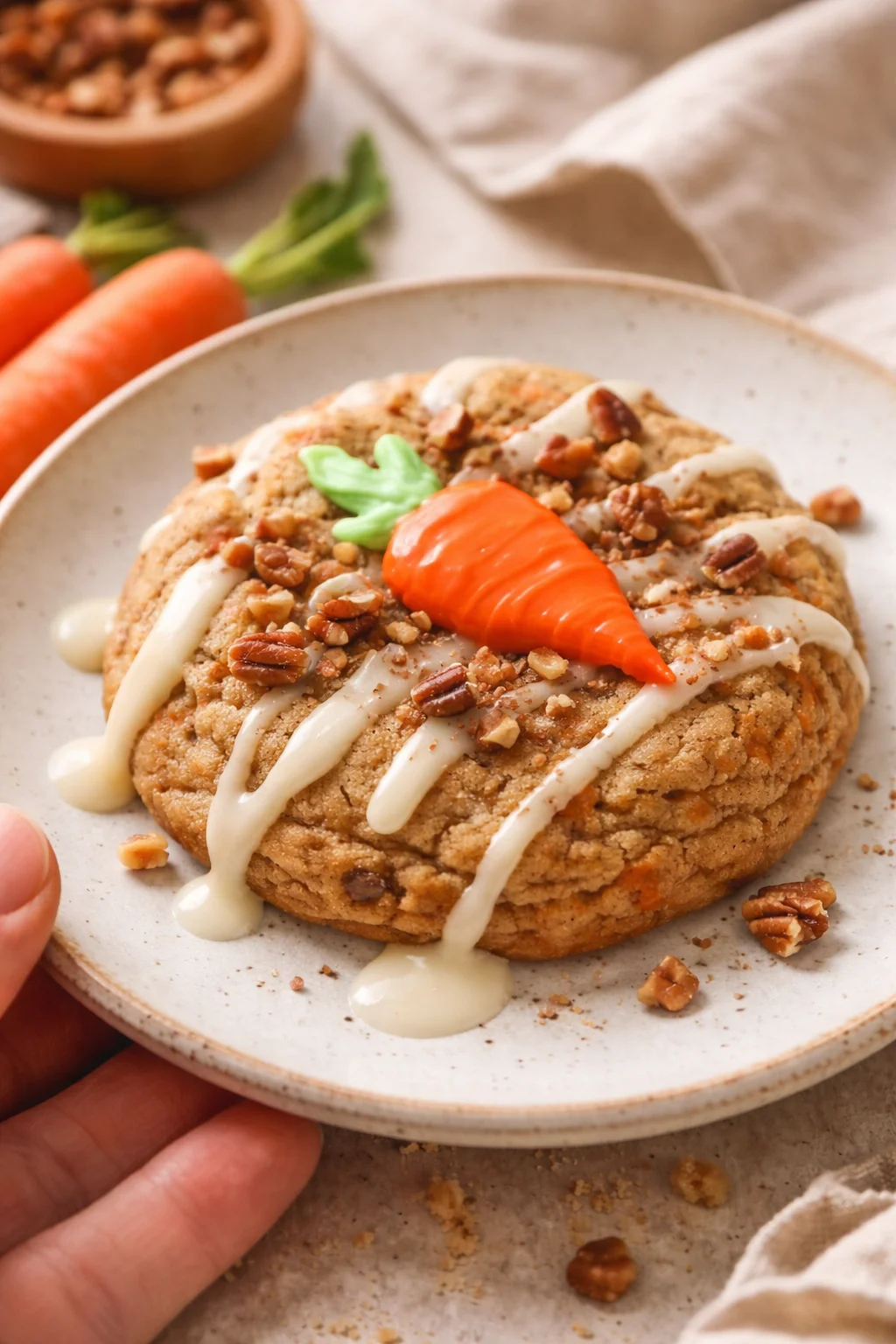 close-up of a carrot-cake cookie with white icing drizzle, pecan bits, and carrot garnish on a speckled ceramic plate