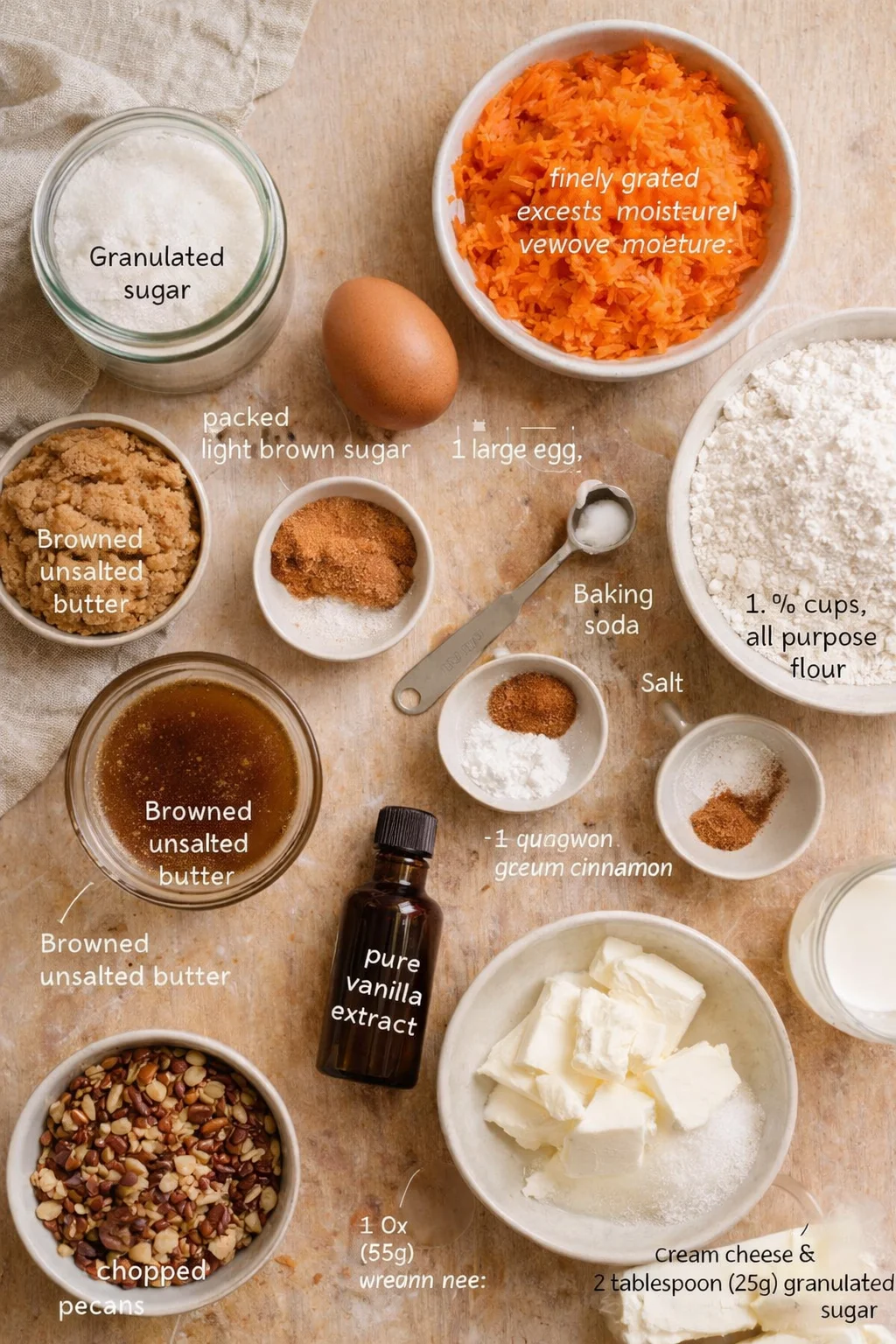 Overhead view of carrot cake ingredients arranged on a wooden surface with labeled bowls of sugar, flour, butter, eggs, carrots, and vanilla