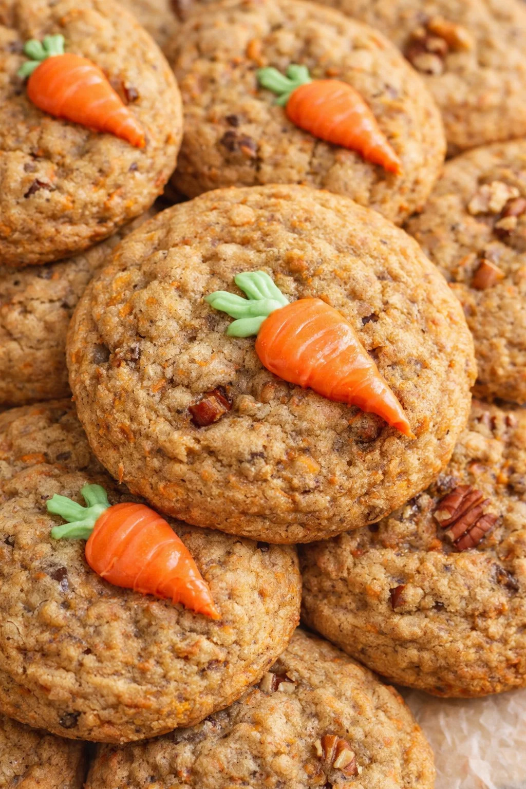 Close-up of round oatmeal cookies topped with orange carrot decorations and green leaves