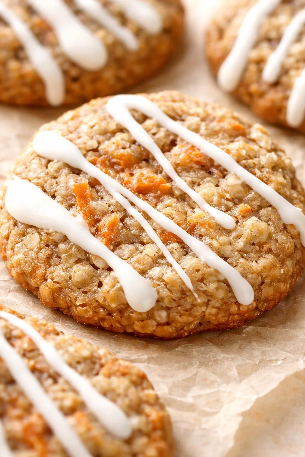 Close-up of a baked oatmeal cookie with orange flecks and white icing drizzle on parchment.